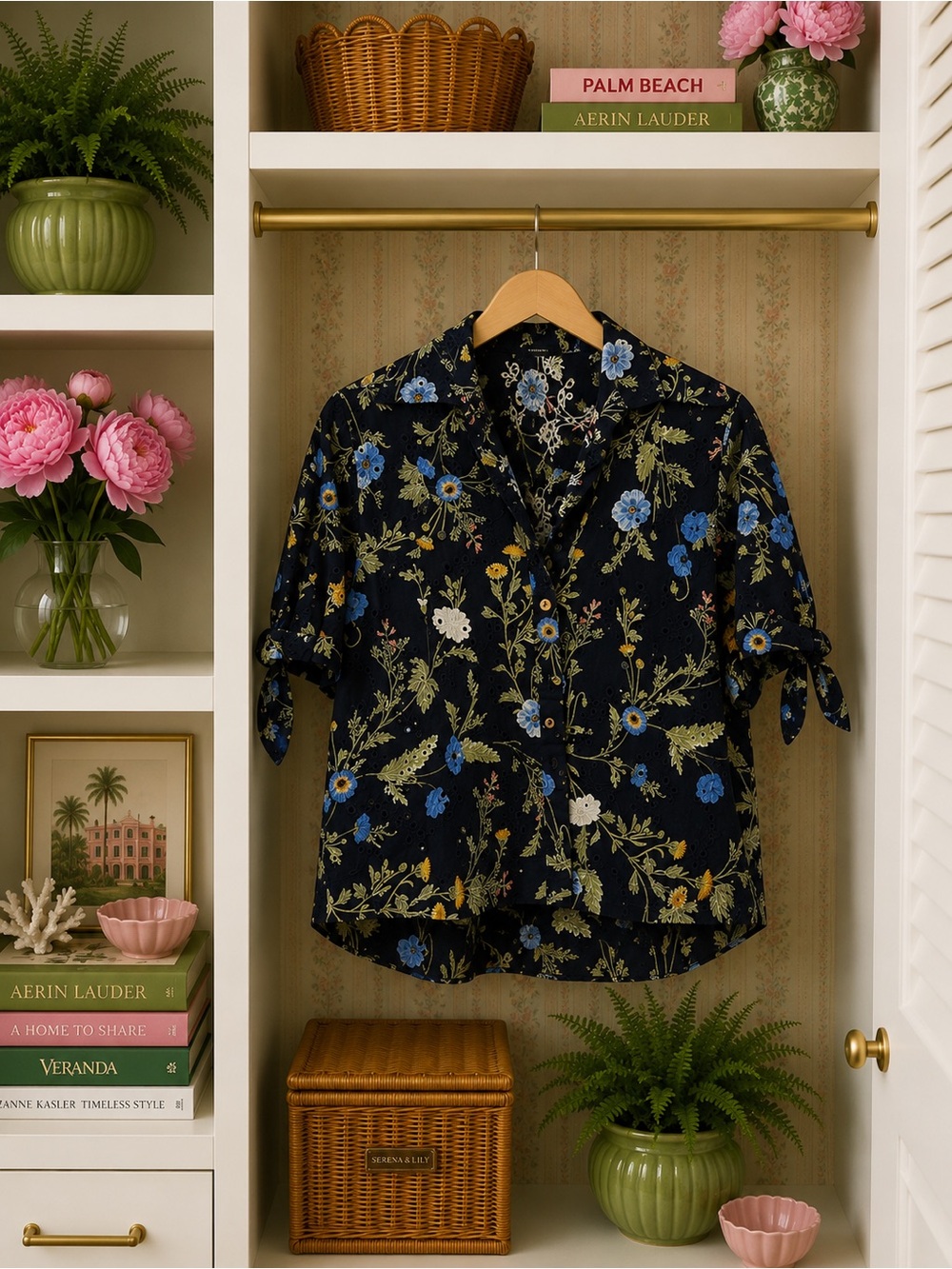 Zara Navy Eyelet Button-Down Top with Blue and White Floral Print